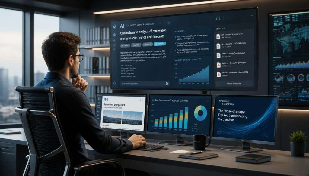 Professional using Perplexity AI for accurate research and productivity improvement