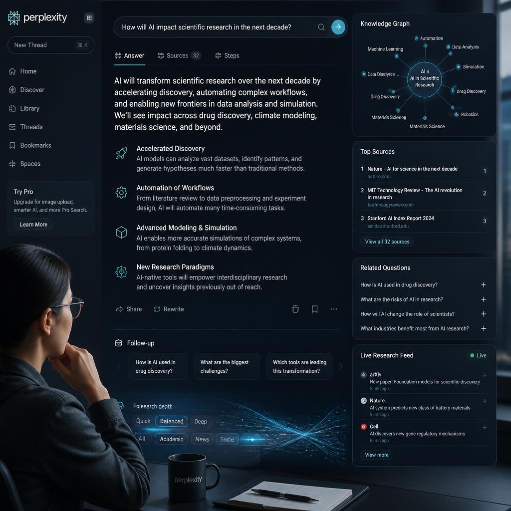 Perplexity AI research assistant providing intelligent answers