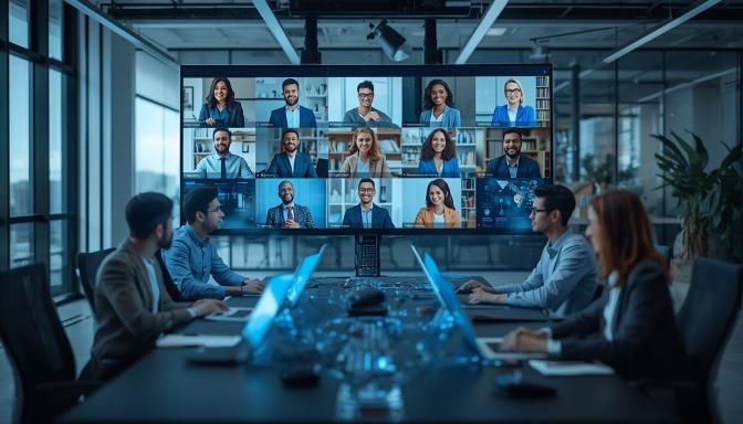 Remote team collaborating with AI communication and presentation software