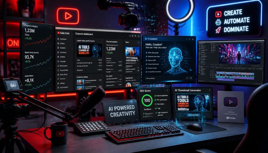 Best AI Tools for YouTube Creators in 2026 dashboard featuring AI video editing, scripting, thumbnails, and YouTube growth tools.