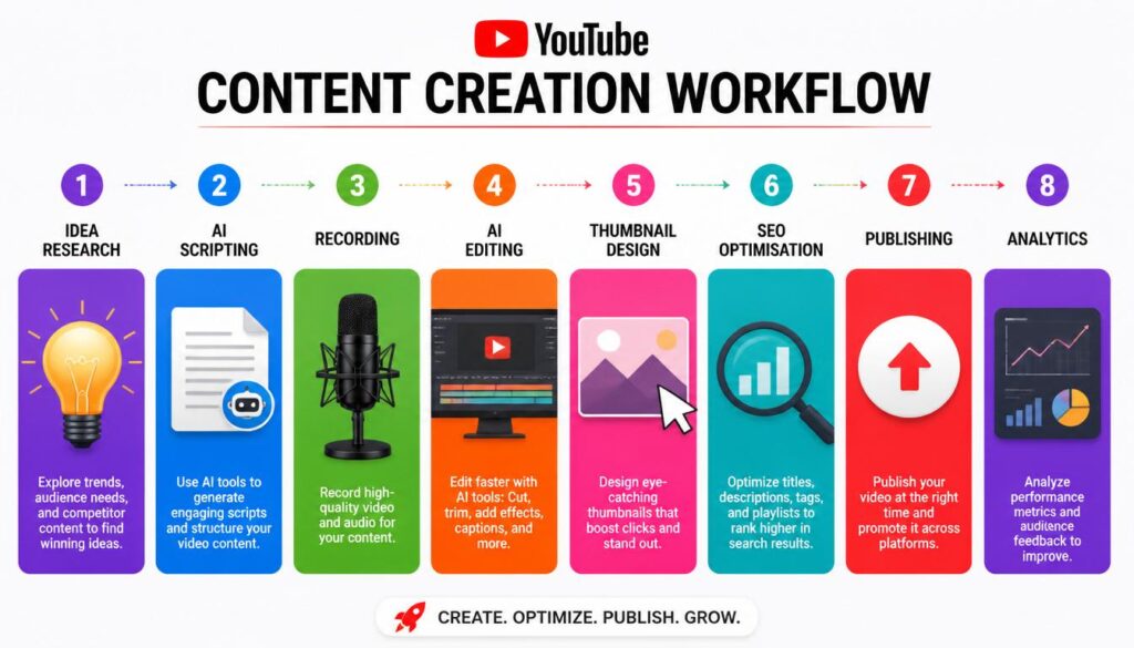 Best AI Tools for YouTube Creators in 2026_AI-powered YouTube content creation workflow from idea generation to publishing.