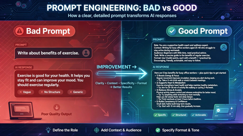 Good AI prompt versus bad AI prompt comparison example
