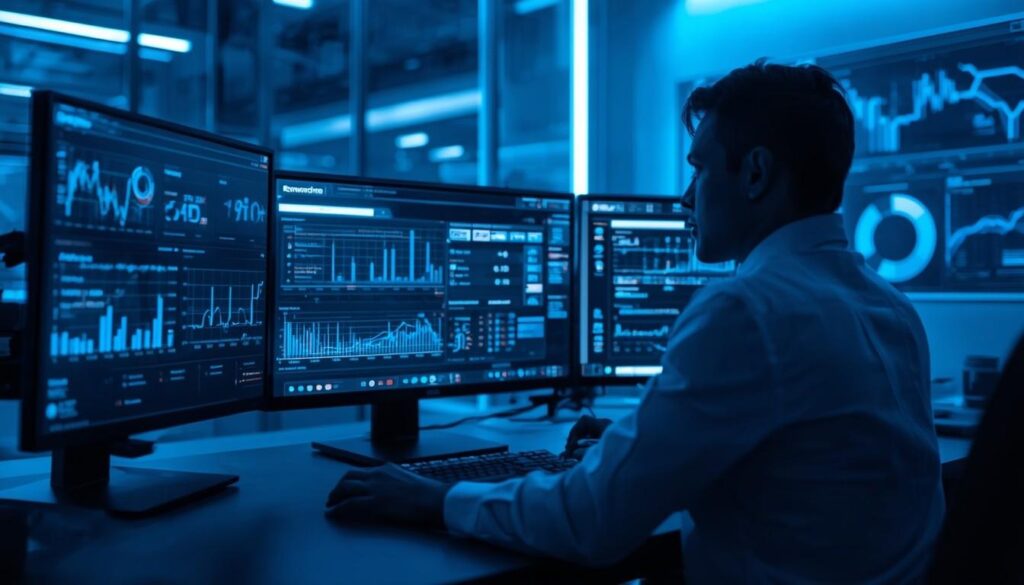 How to Use AI for Keyword Research_A modern digital workspace showing an SEO specialist using AI for keyword research on multiple screens