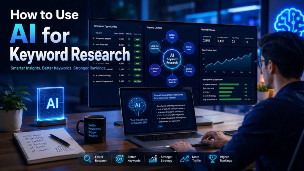 How to Use AI for Keyword Research_AI-powered keyword research workflow with SEO dashboard, search analytics, and keyword clusters