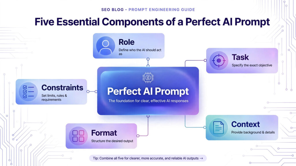 Prompt engineering framework with role task context format and constraints