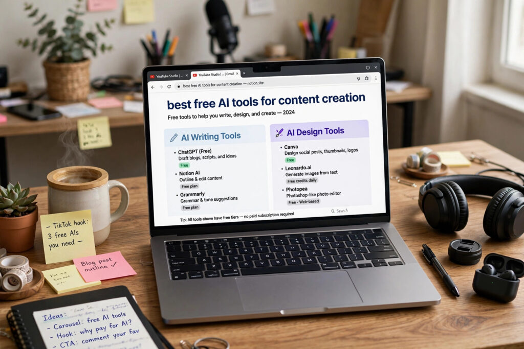 best free AI tools for content creation displayed on a laptop screen