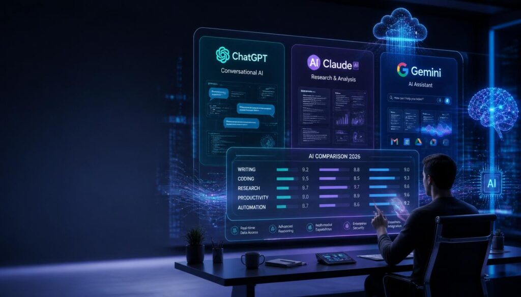 ChatGPT vs Claude vs Gemini comparison showing the best AI assistant in 2026