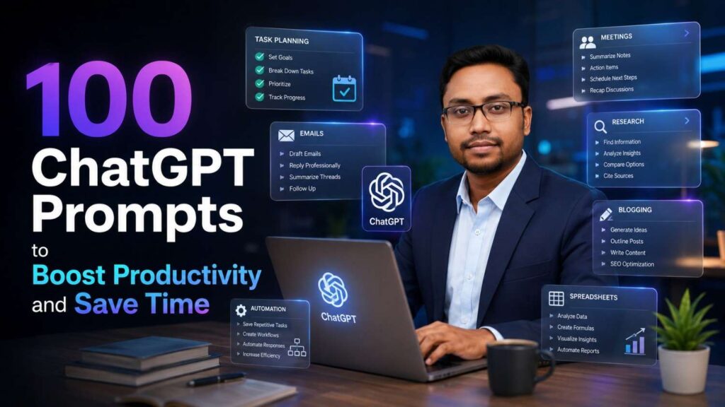 Professional using 100 ChatGPT prompts to boost productivity and save time across daily work tasks.