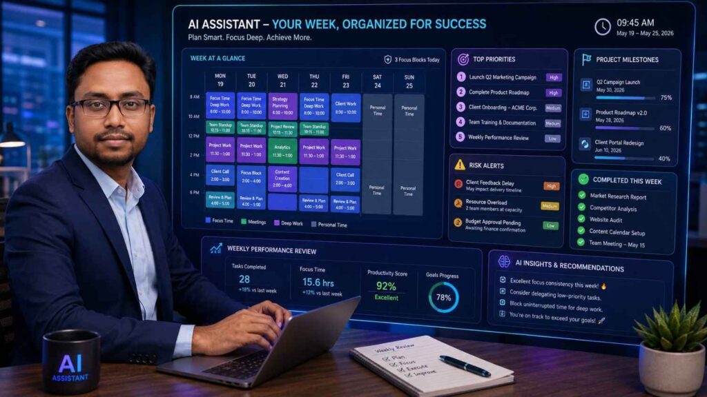 Professional using AI for daily planning priority management and weekly review