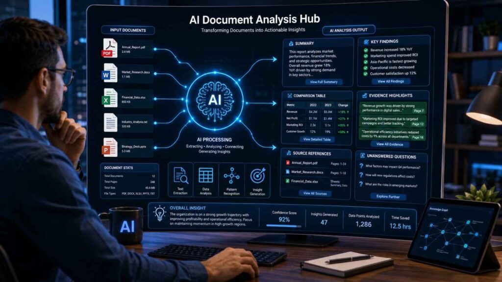 Professional analyzing documents and research with time saving AI Hacks