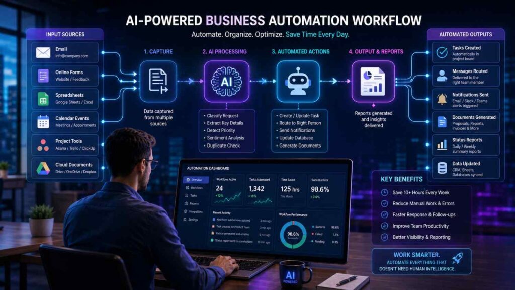 AI workflow automation connecting email tasks documents and business applications