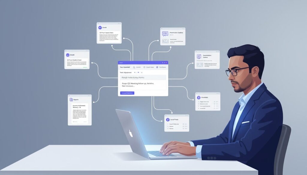 AI writing assistant creating emails reports and professional content