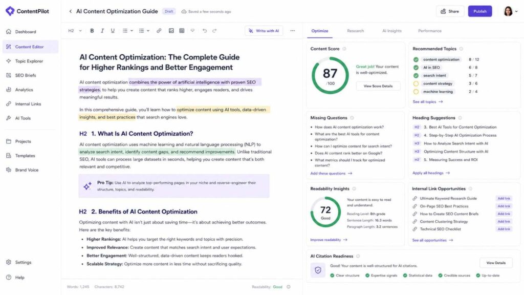 AI content optimization dashboard with SEO score and topic recommendations