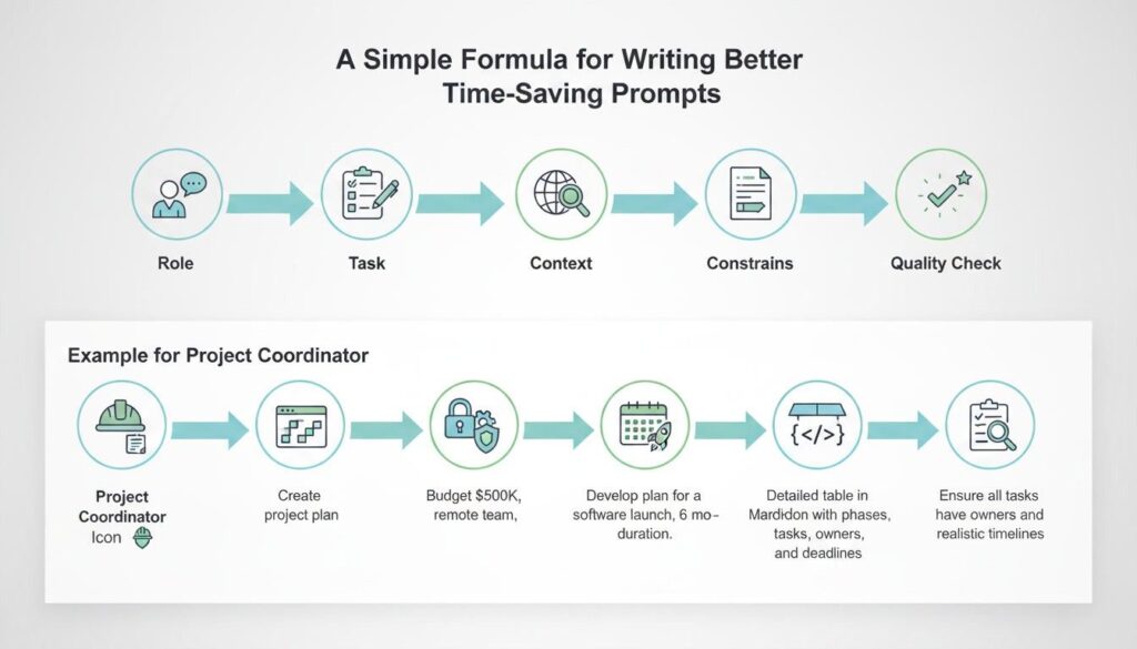 Six-part ChatGPT prompt formula for creating clear and productive AI instructions.