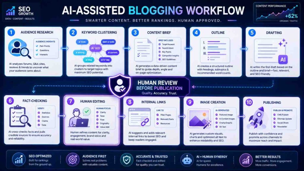 Human-reviewed ChatGPT blogging workflow from keyword research to publication.