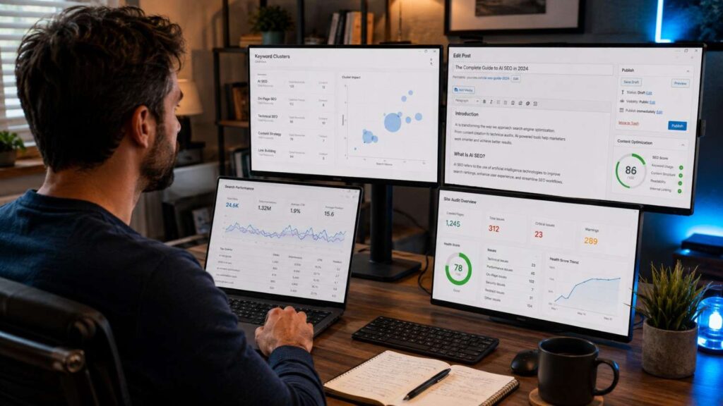 Blogger using AI for SEO in 2026 doing keyword research, writing and SEO optimization