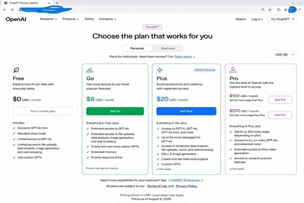 ChatGPT pricing and plan features captured on August 6, 2026; readers should confirm current details before subscribing.