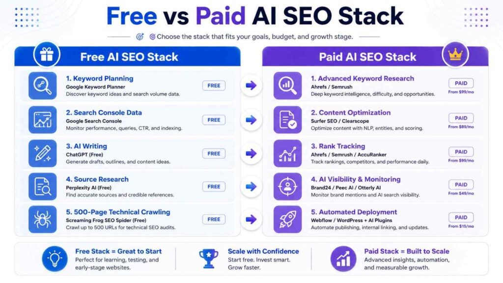 Free and paid AI SEO tool stacks compared for bloggers and agencies