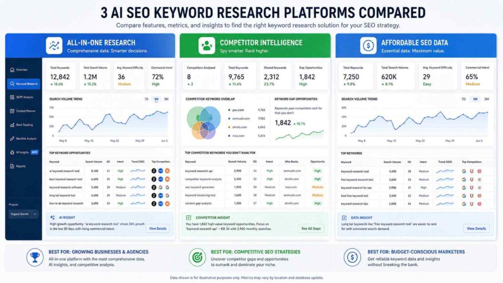 Comparison of AI keyword research platforms using volume, difficulty and search intent