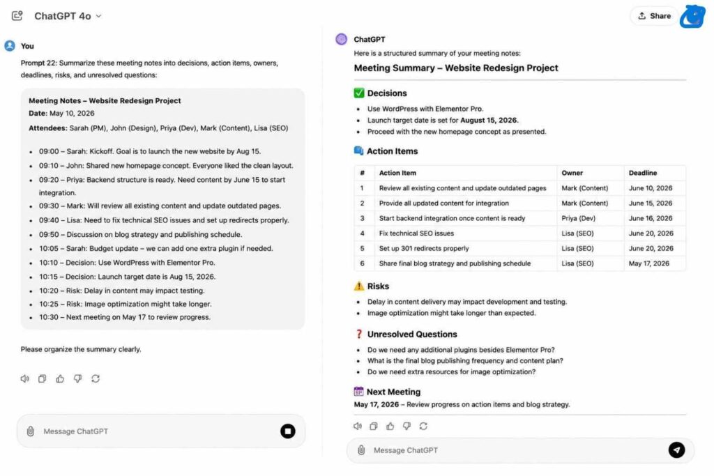 ChatGPT can structure messy notes, although every owner and deadline still requires human confirmation.