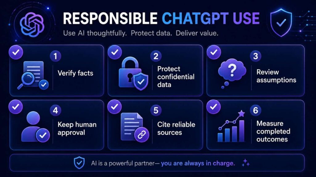 Responsible ChatGPT productivity checklist covering fact-checking, privacy, human review, and source verification.