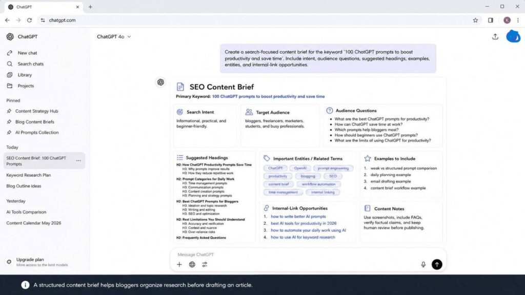 A structured content brief helps bloggers organize research before drafting an article.