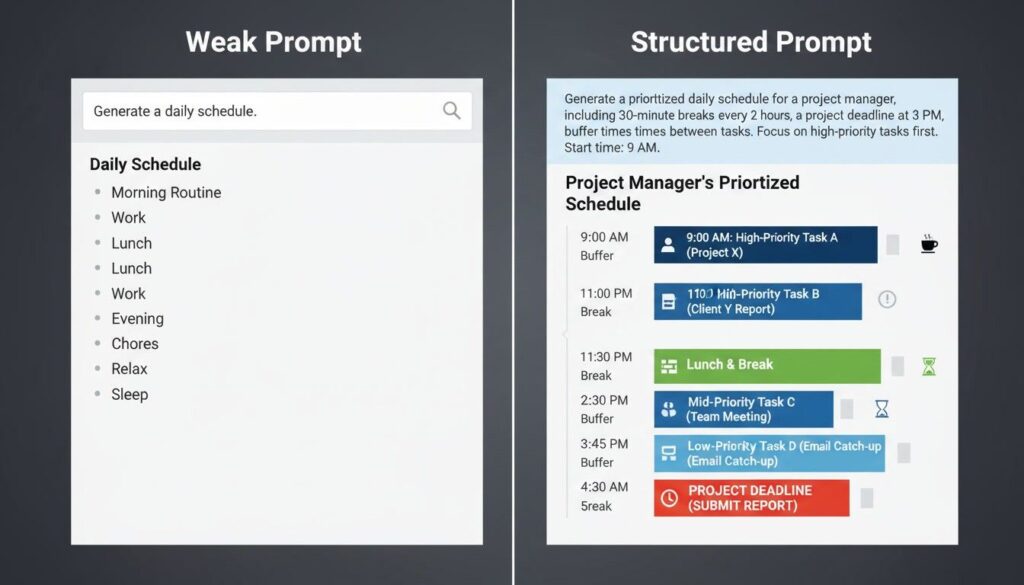 Comparison between a weak ChatGPT prompt and a structured productivity prompt.