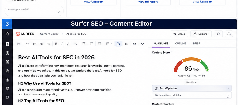 Surfer Content Editor optimizing an AI SEO tools article for topical coverage